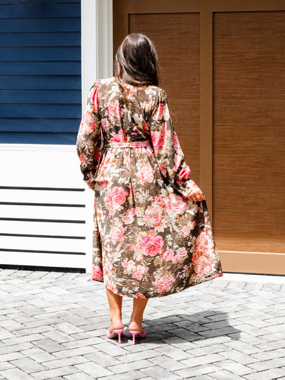 Plus/Reg Floral Print Button Up Long Sleeve Midi Dress with Waist Belt