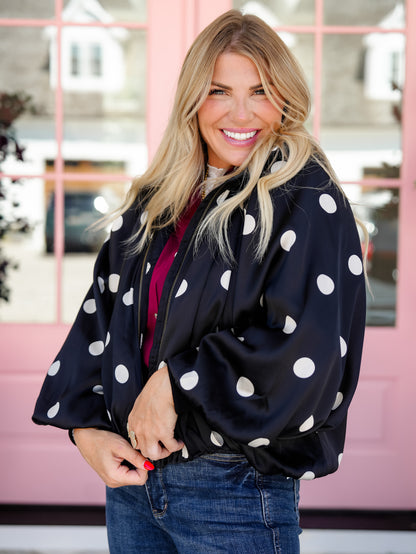 Plus/Reg Polka Dot Satin Mock Neck Zip Up Bubble Jacket