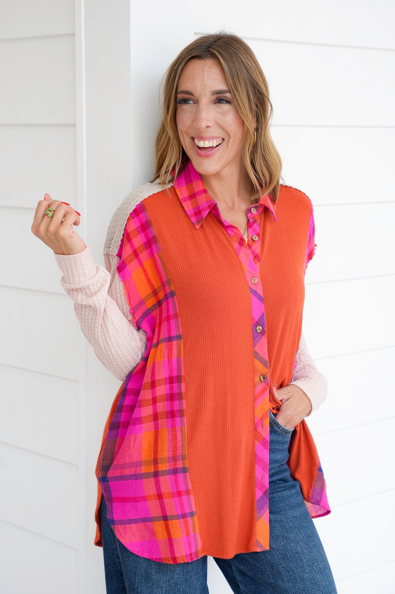 Thermal Long Sleeve Button Down Top with Plaid Detail