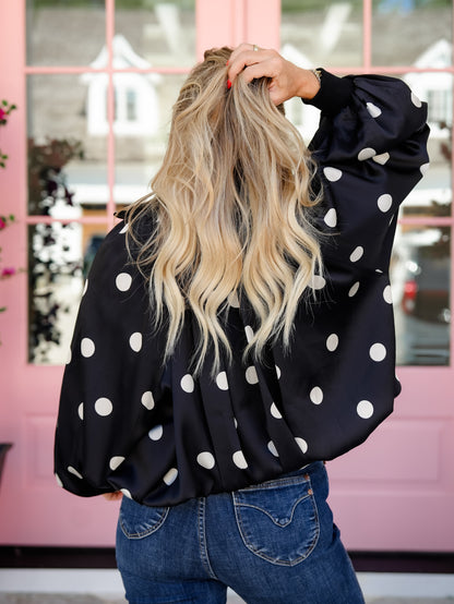 Plus/Reg Polka Dot Satin Mock Neck Zip Up Bubble Jacket
