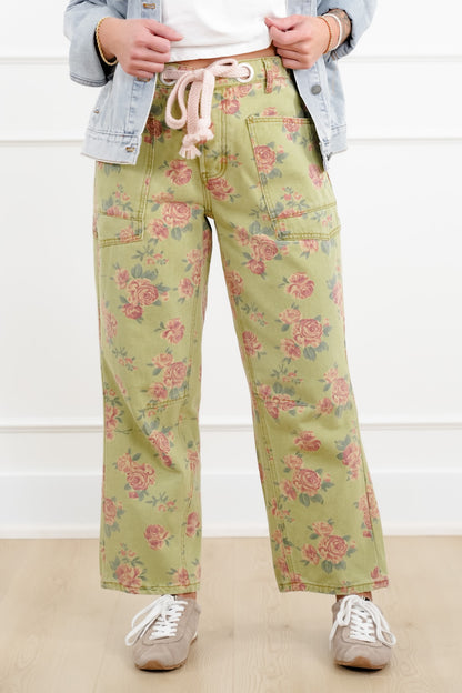 Floral Print Cropped Pants with Braided Rope Belt