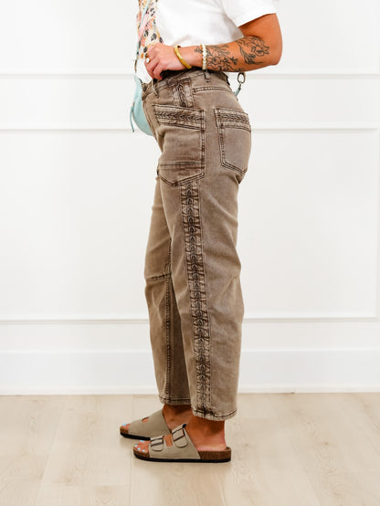 Wash Brown High Waist Barrel Pant With Stitching Detail