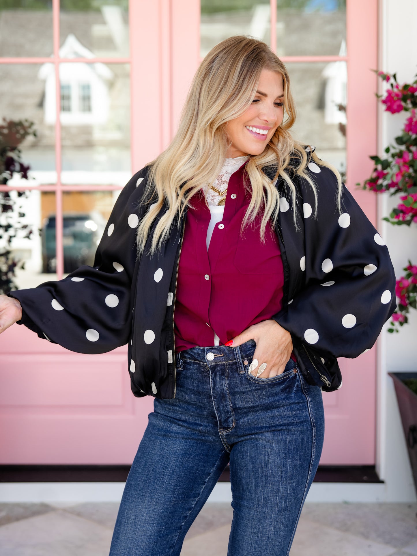 Plus/Reg Polka Dot Satin Mock Neck Zip Up Bubble Jacket