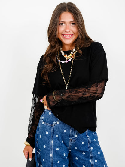 Lace Sleeve Round Neck Twofer Top