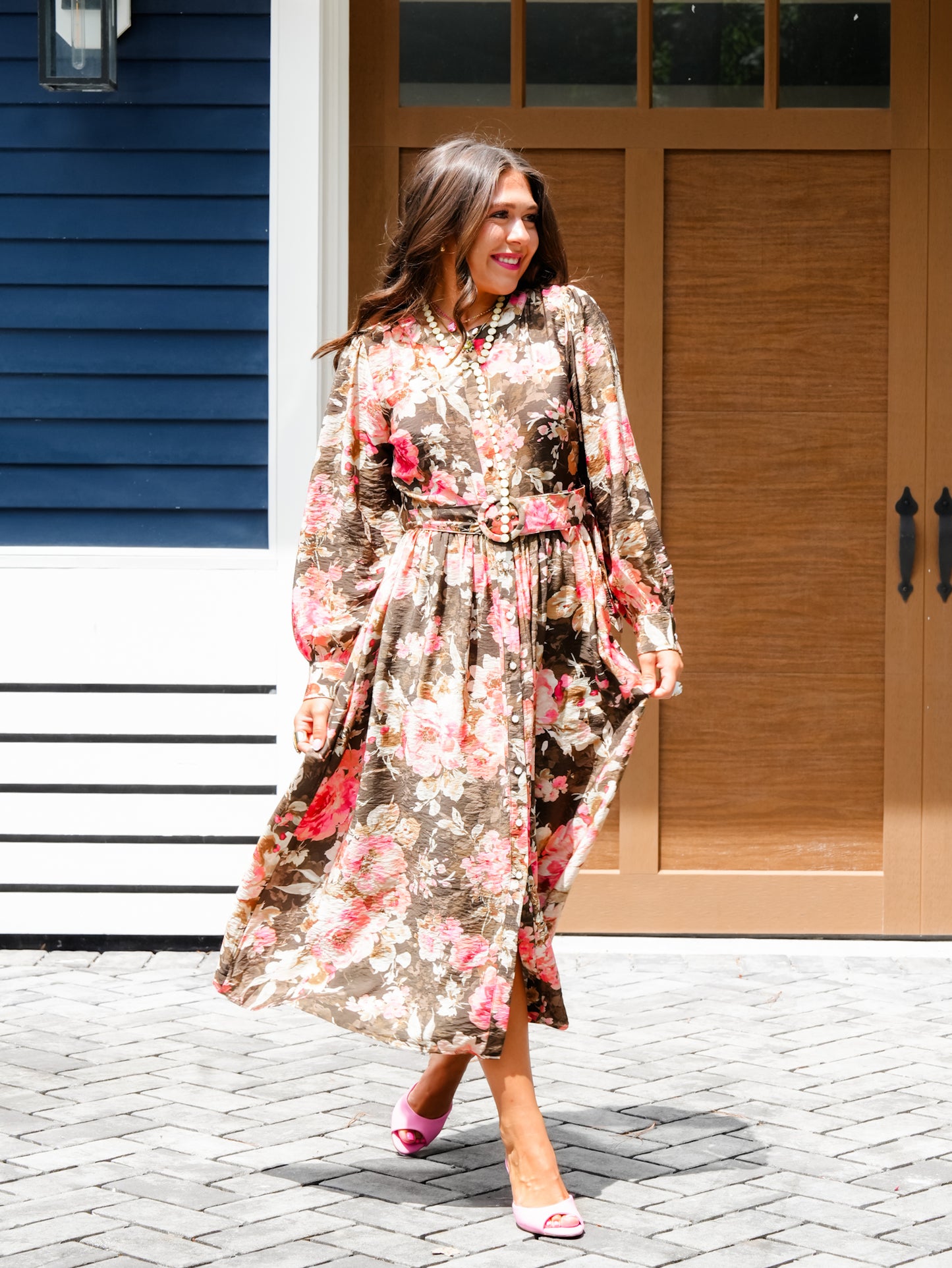 Plus/Reg Floral Print Button Up Long Sleeve Midi Dress with Waist Belt