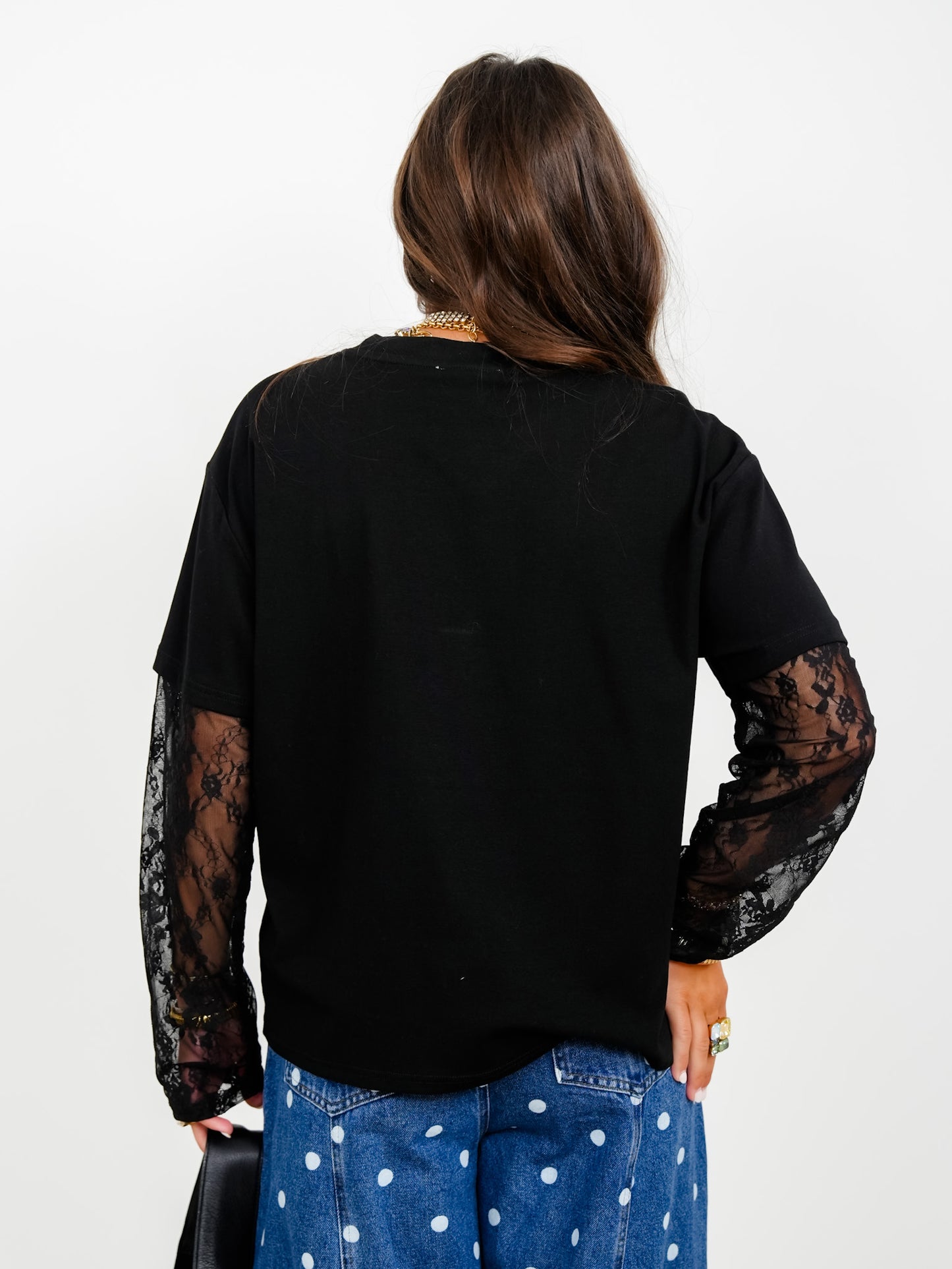 Lace Sleeve Round Neck Twofer Top