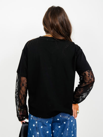 Lace Sleeve Round Neck Twofer Top