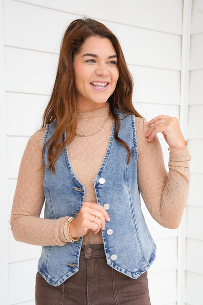 Risen Medium Wash V Neck Button Down Vest
