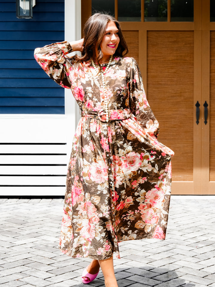 Plus/Reg Floral Print Button Up Long Sleeve Midi Dress with Waist Belt