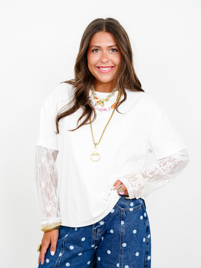 Lace Sleeve Round Neck Twofer Top
