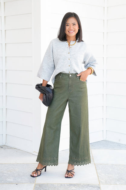 High Waist Ankle Pants with Floral Embroidery Hem Detail