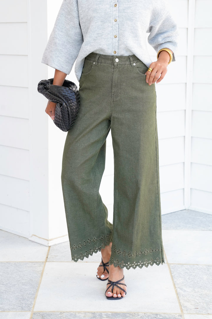 High Waist Ankle Pants with Floral Embroidery Hem Detail