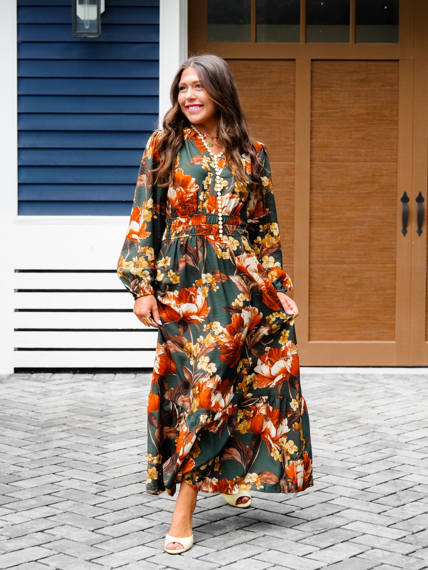 Plus/Reg Floral Print Elastic Waist Long Sleeve Midi Dress