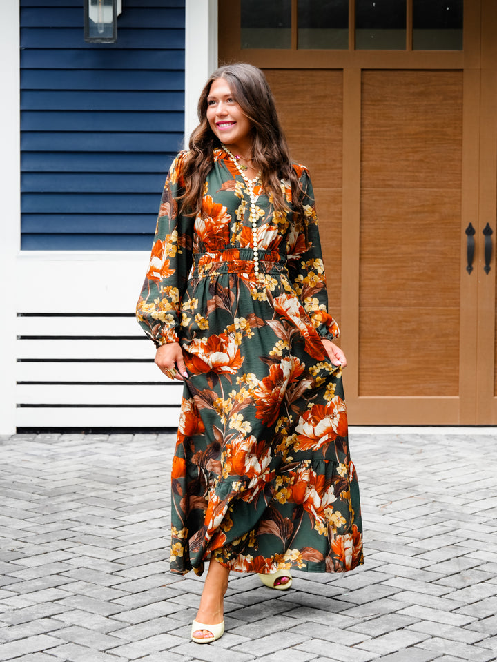 Plus/Reg Floral Print Elastic Waist Long Sleeve Midi Dress