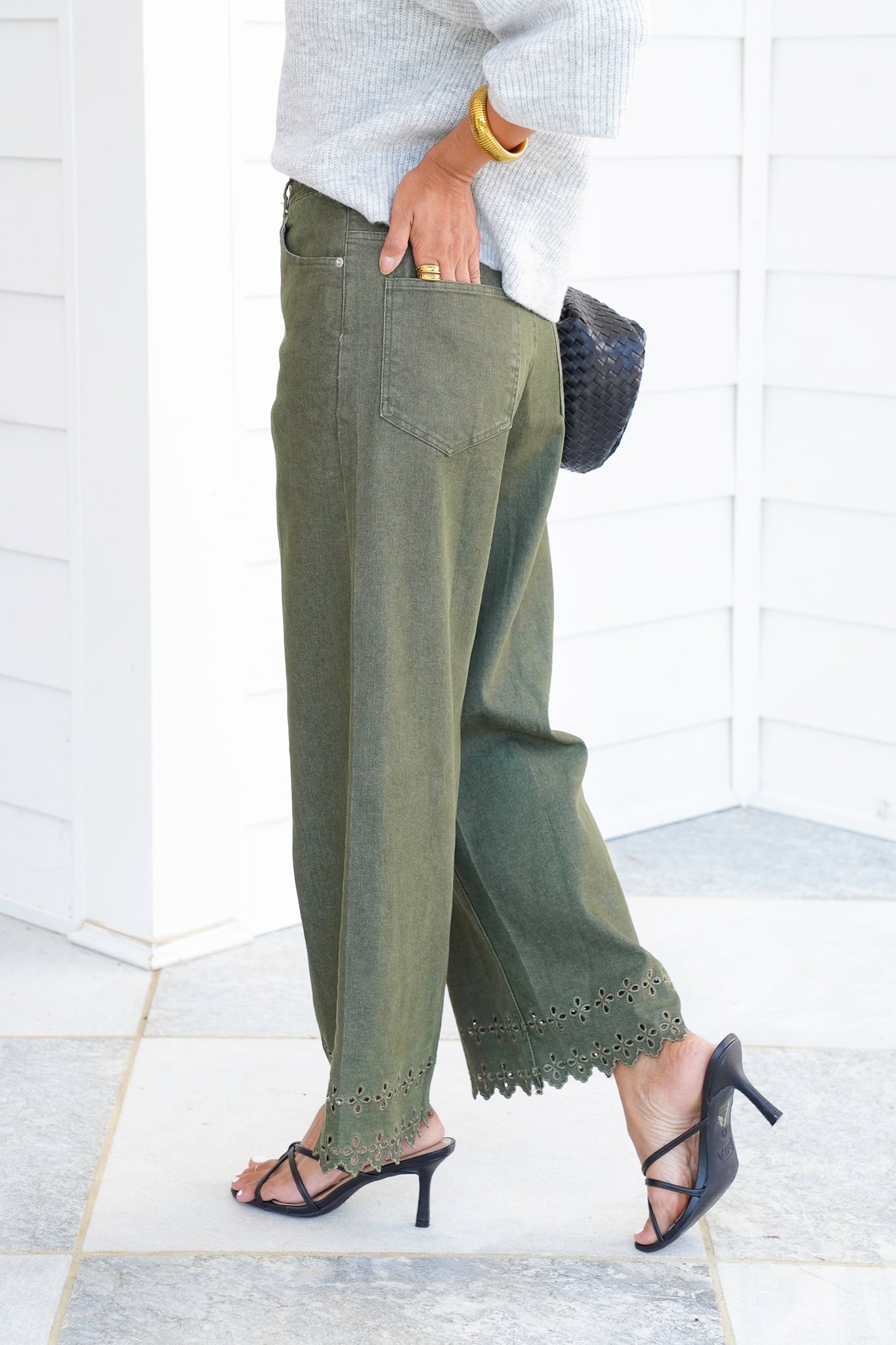 High Waist Ankle Pants with Floral Embroidery Hem Detail