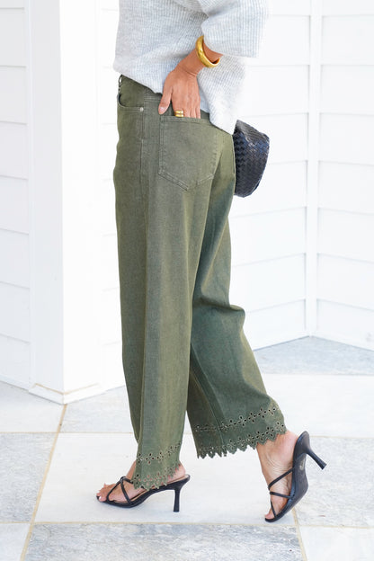 High Waist Ankle Pants with Floral Embroidery Hem Detail
