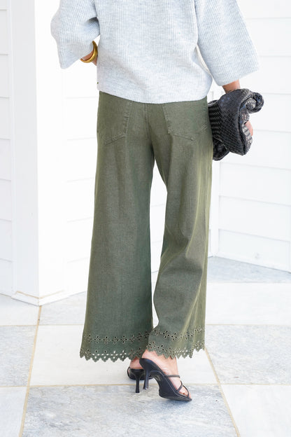 High Waist Ankle Pants with Floral Embroidery Hem Detail