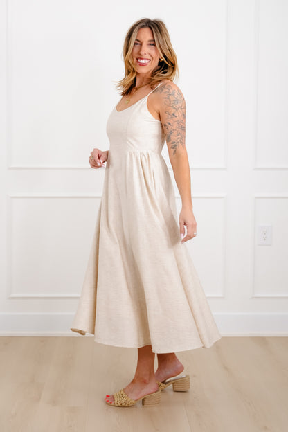 Plus/Reg Beige Sleeveless Midi Dress