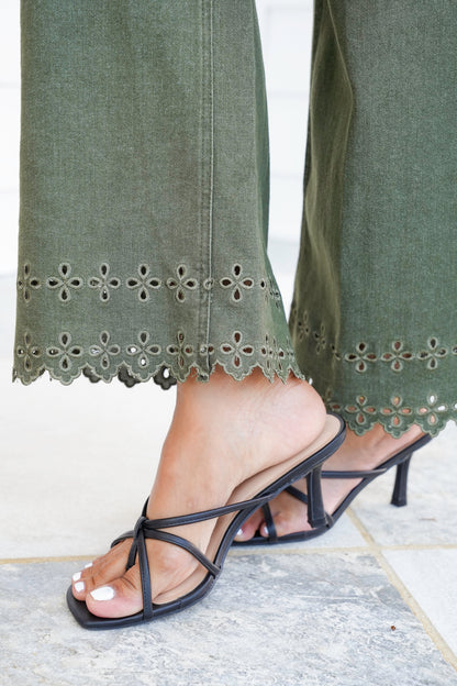 High Waist Ankle Pants with Floral Embroidery Hem Detail