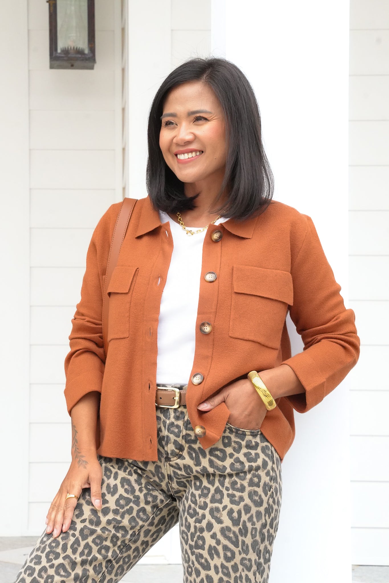 Plus/Reg Knit Long Sleeve Button Down Top