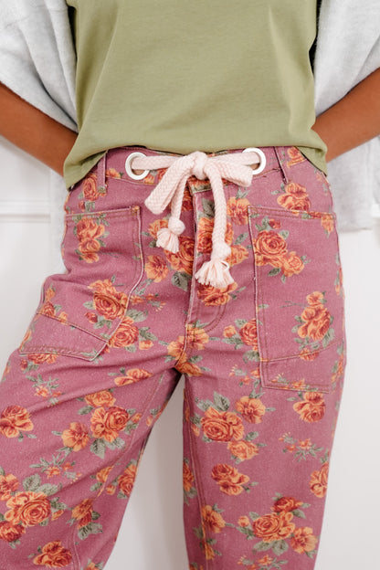 Floral Print Cropped Pants with Braided Rope Belt