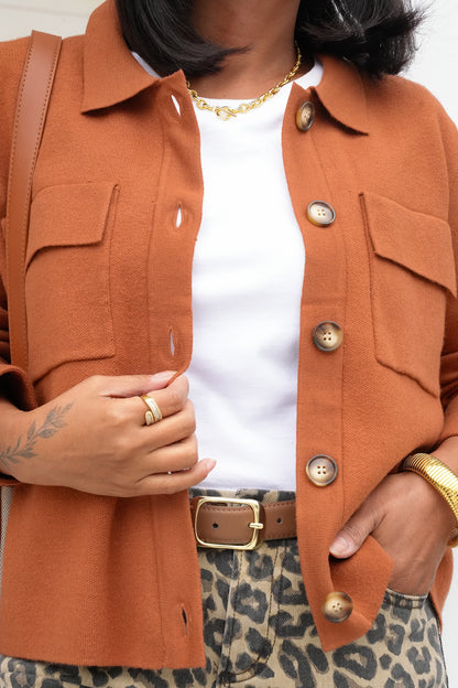 Plus/Reg Knit Long Sleeve Button Down Top