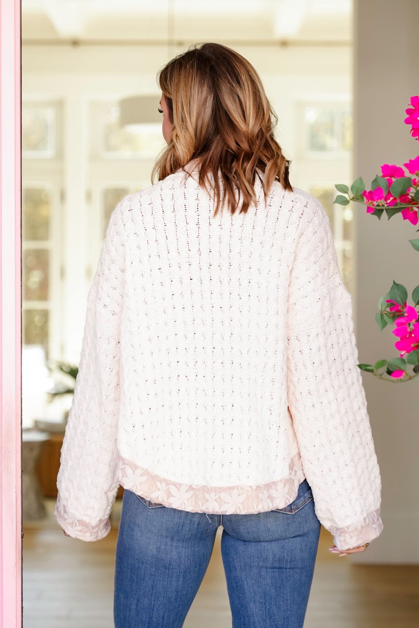 POL Cream Long Sleeve Open Cardigan with Pearls