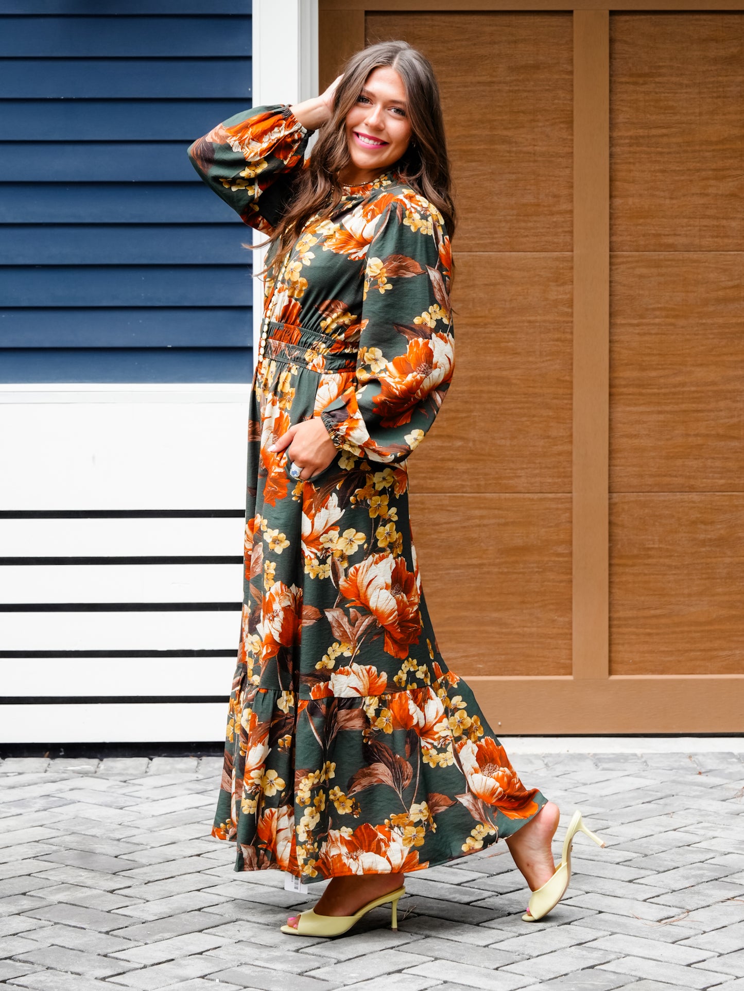 Plus/Reg Floral Print Elastic Waist Long Sleeve Midi Dress