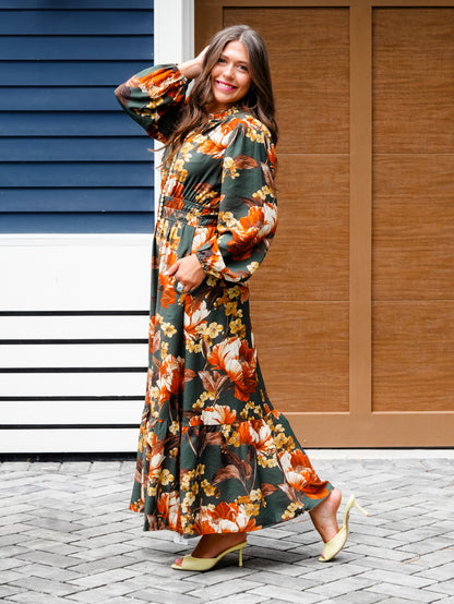 Plus/Reg Floral Print Elastic Waist Long Sleeve Midi Dress