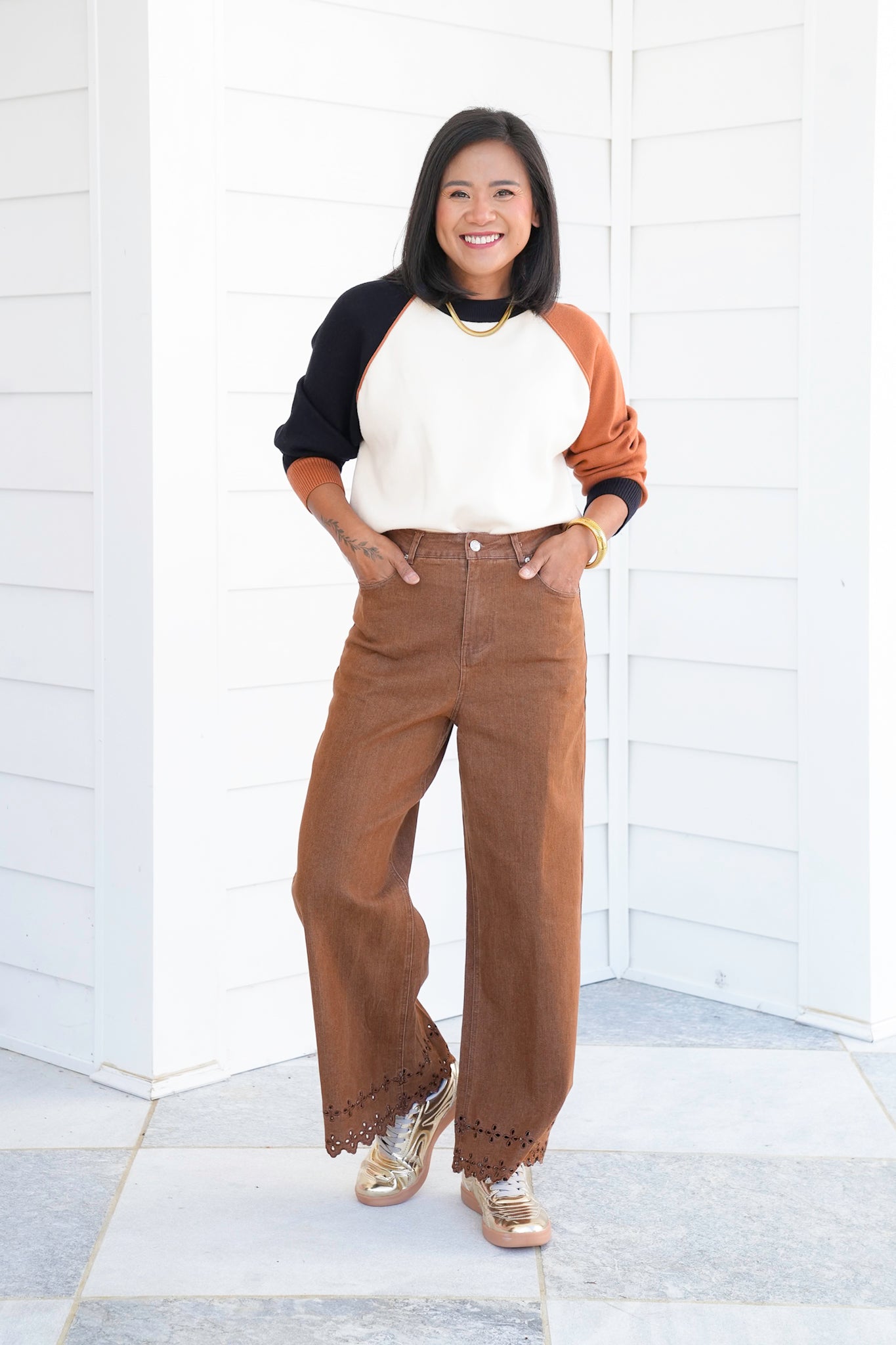 High Waist Ankle Pants with Floral Embroidery Hem Detail