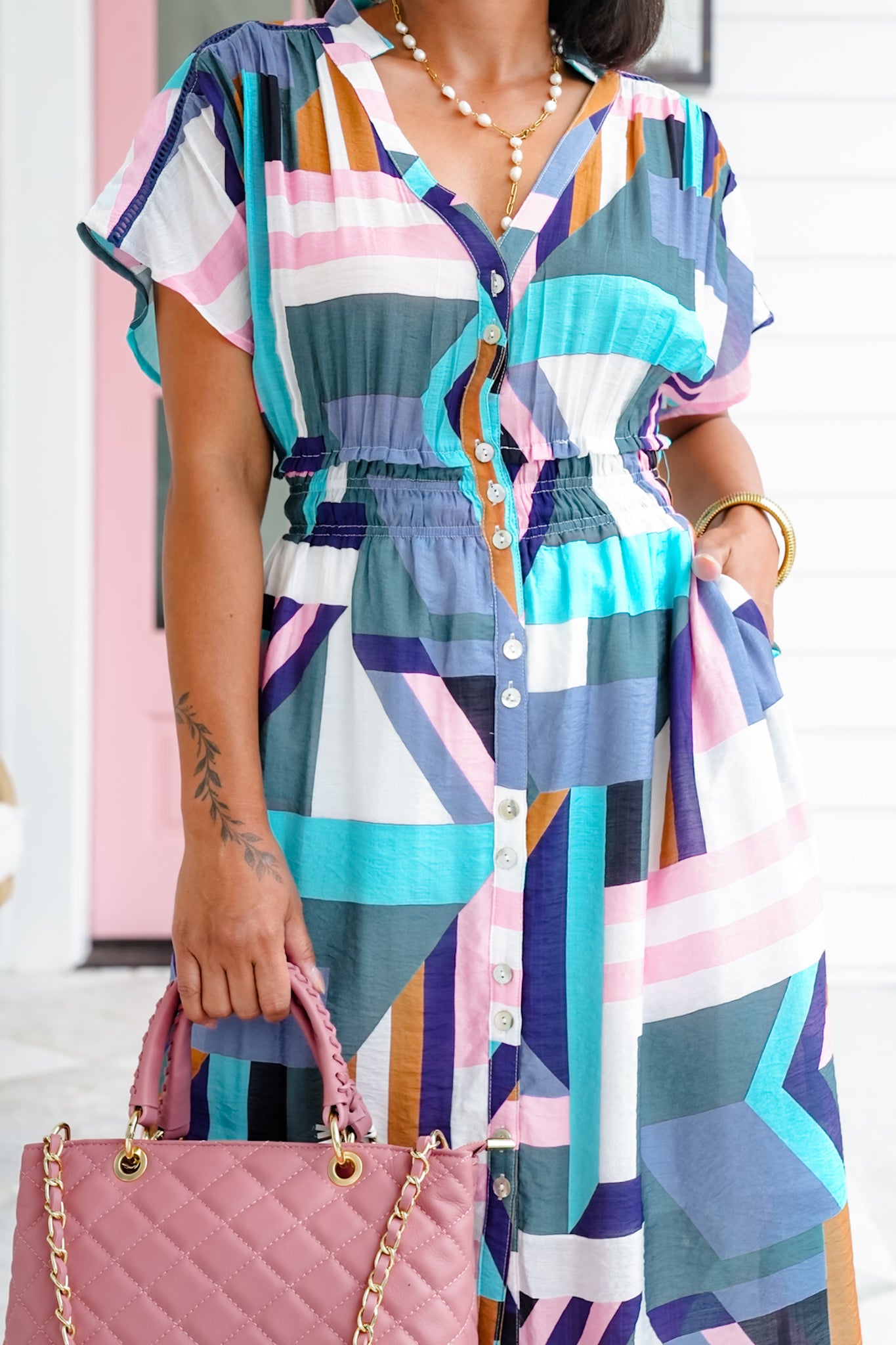 Geometric Short Sleeve Button Down Maxi Dress
