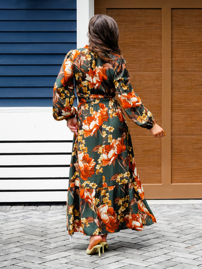 Plus/Reg Floral Print Elastic Waist Long Sleeve Midi Dress