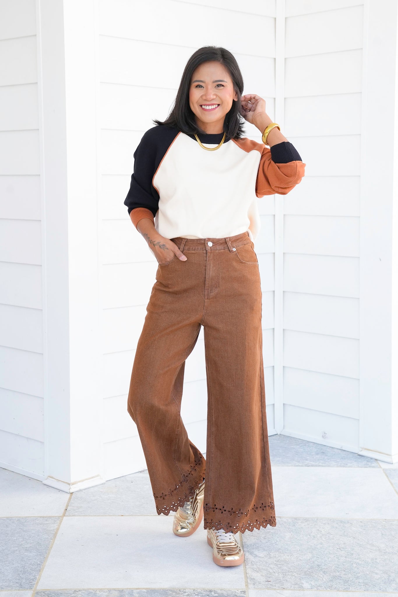 High Waist Ankle Pants with Floral Embroidery Hem Detail