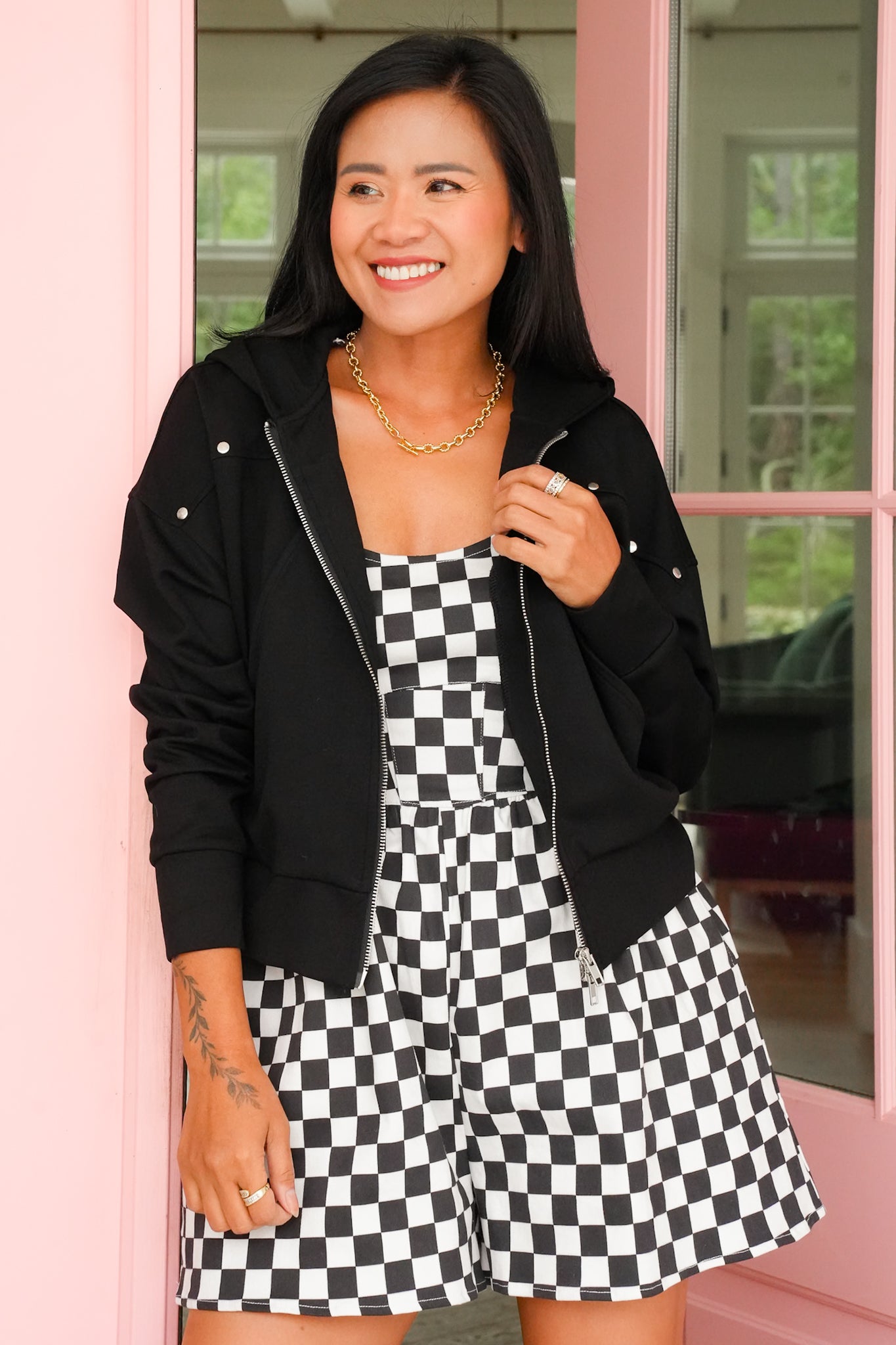 Plus/Reg Studded Long Sleeve Zip-Up Hooded Jacket