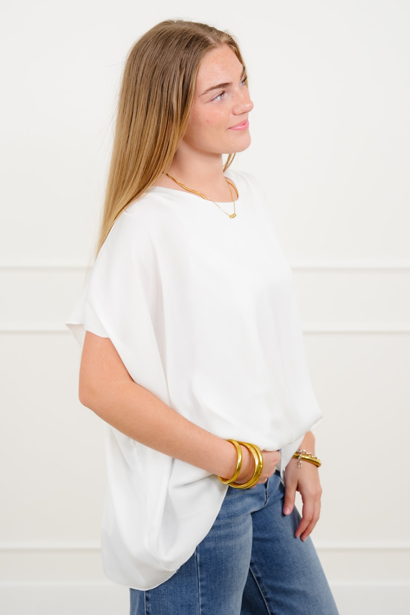 Plus/Reg White Short Sleeve Round Neck Top