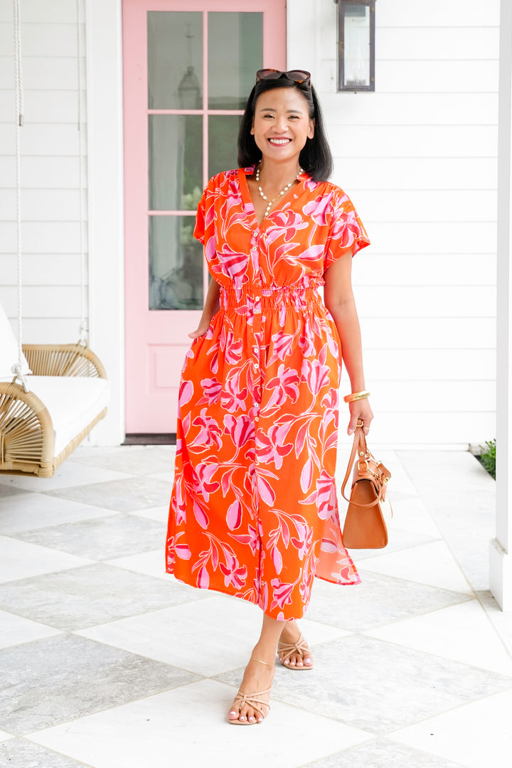 Floral Short Sleeve Button Down Maxi Dress