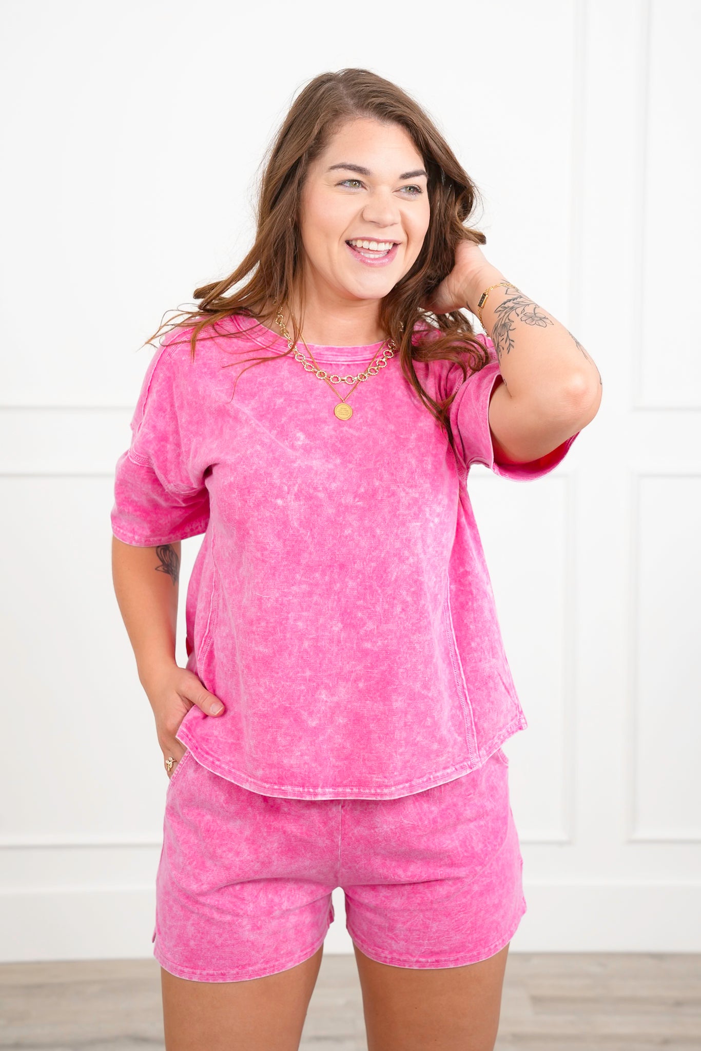 Door Buster! Zenana Halo Snow Washed Short Sleeve Tee and Shorts Set