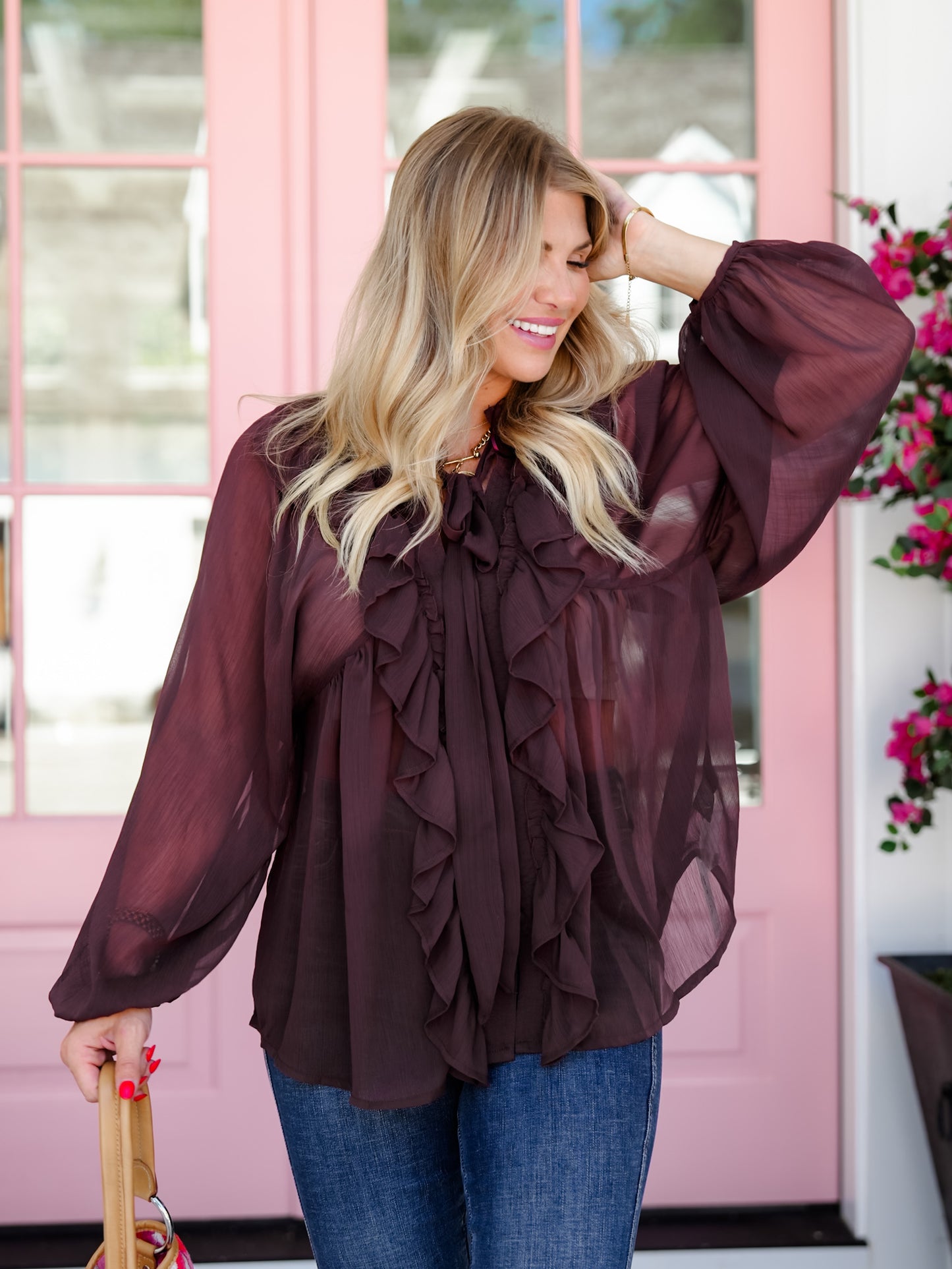 Chiffon Long Sleeve Ruffle Front Top