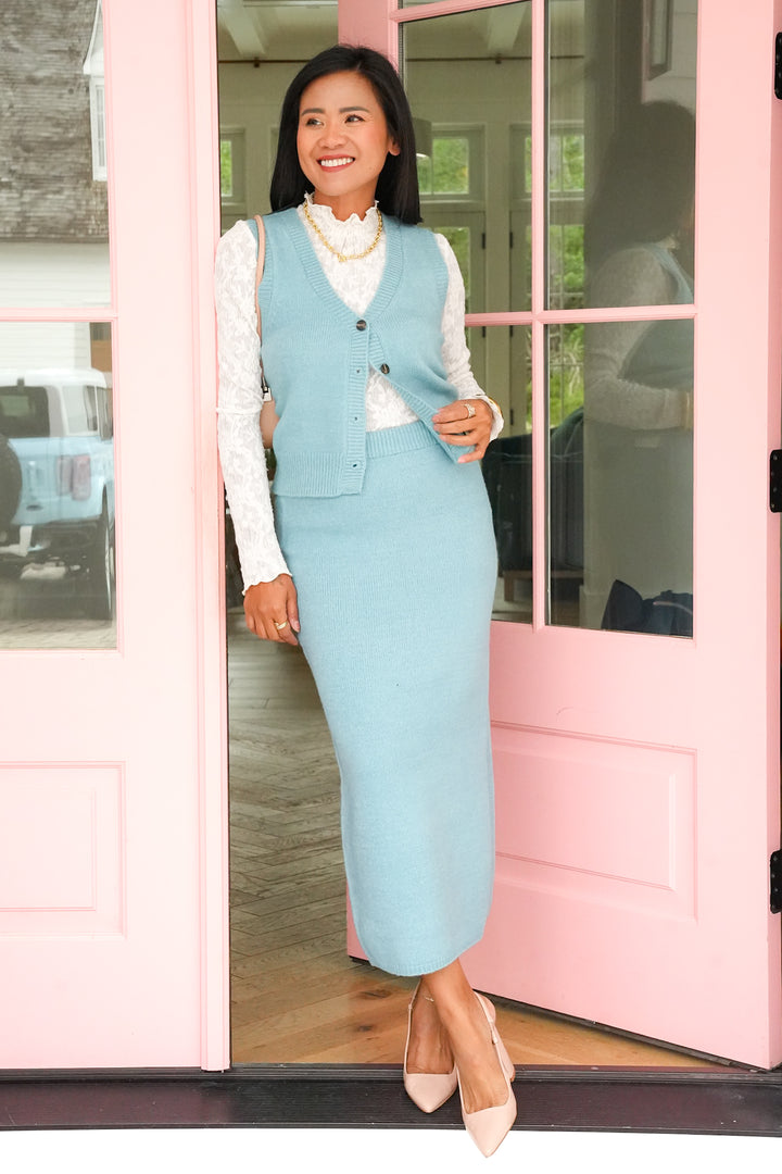 Knit Button Down Vest and Midi Skirt Set