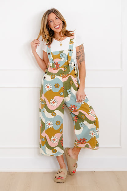 Flower Print Washed Twill Overalls