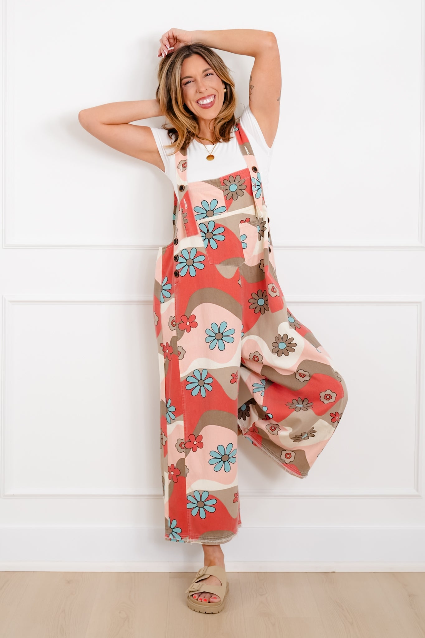 Flower Print Washed Twill Overalls