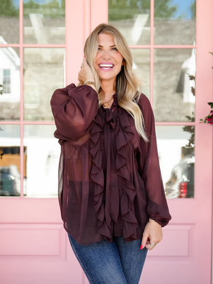 Chiffon Long Sleeve Ruffle Front Top