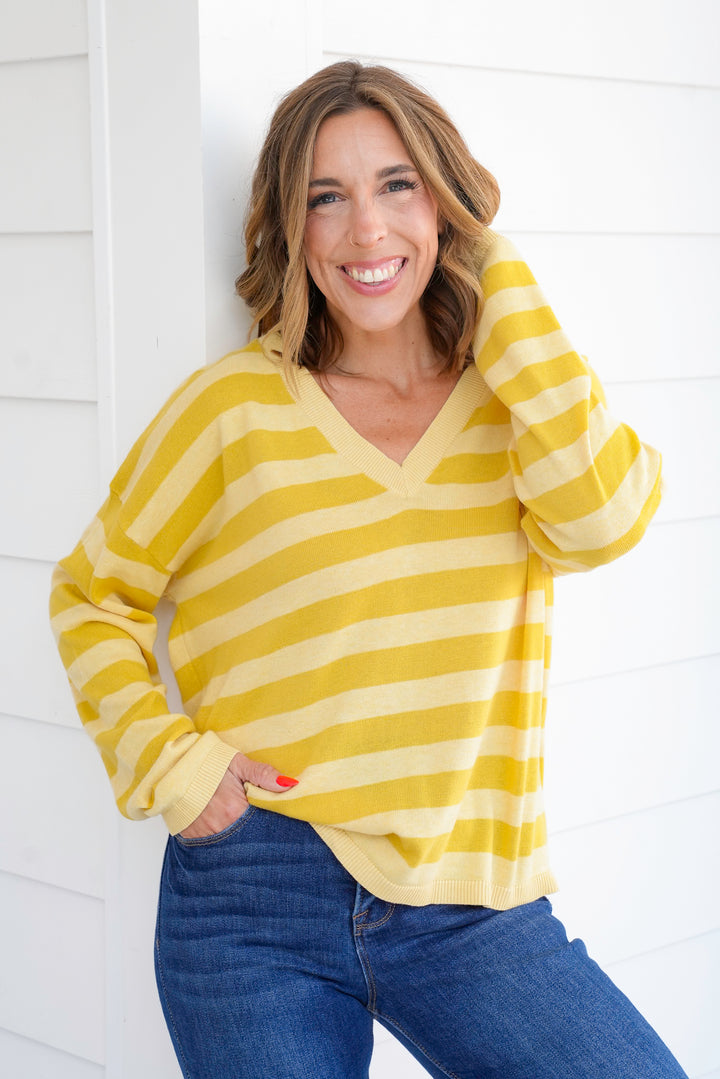 Striped Long V Neck Sleeve Lightweight Sweater
