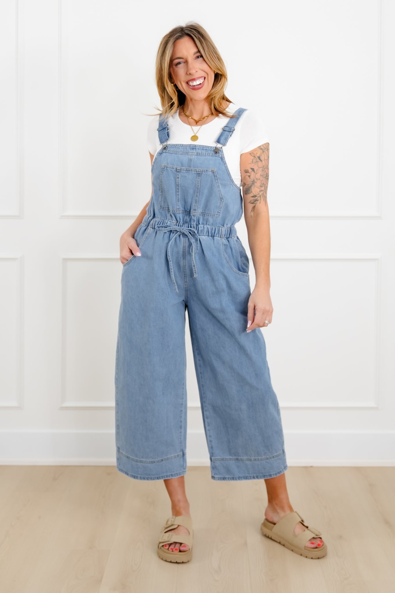 Sleeveless Open Back Overalls with Drawstring