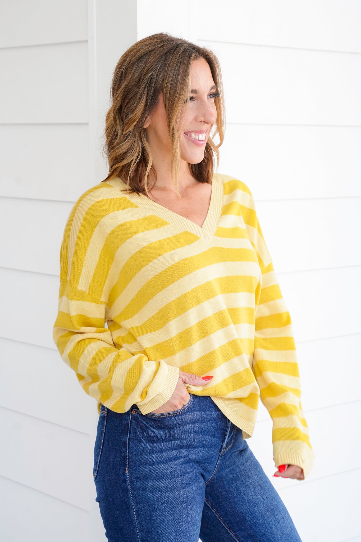 Striped Long V Neck Sleeve Lightweight Sweater