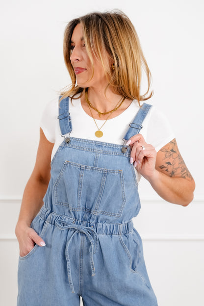 Sleeveless Open Back Overalls with Drawstring