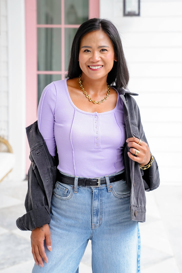 Ribbed Knit Long Sleeve Button Up Top with Reverse Seam Detail