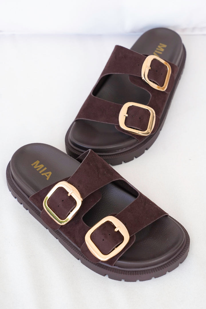 MIA Double Buckle Platform Slide Sandals with Gold Accents