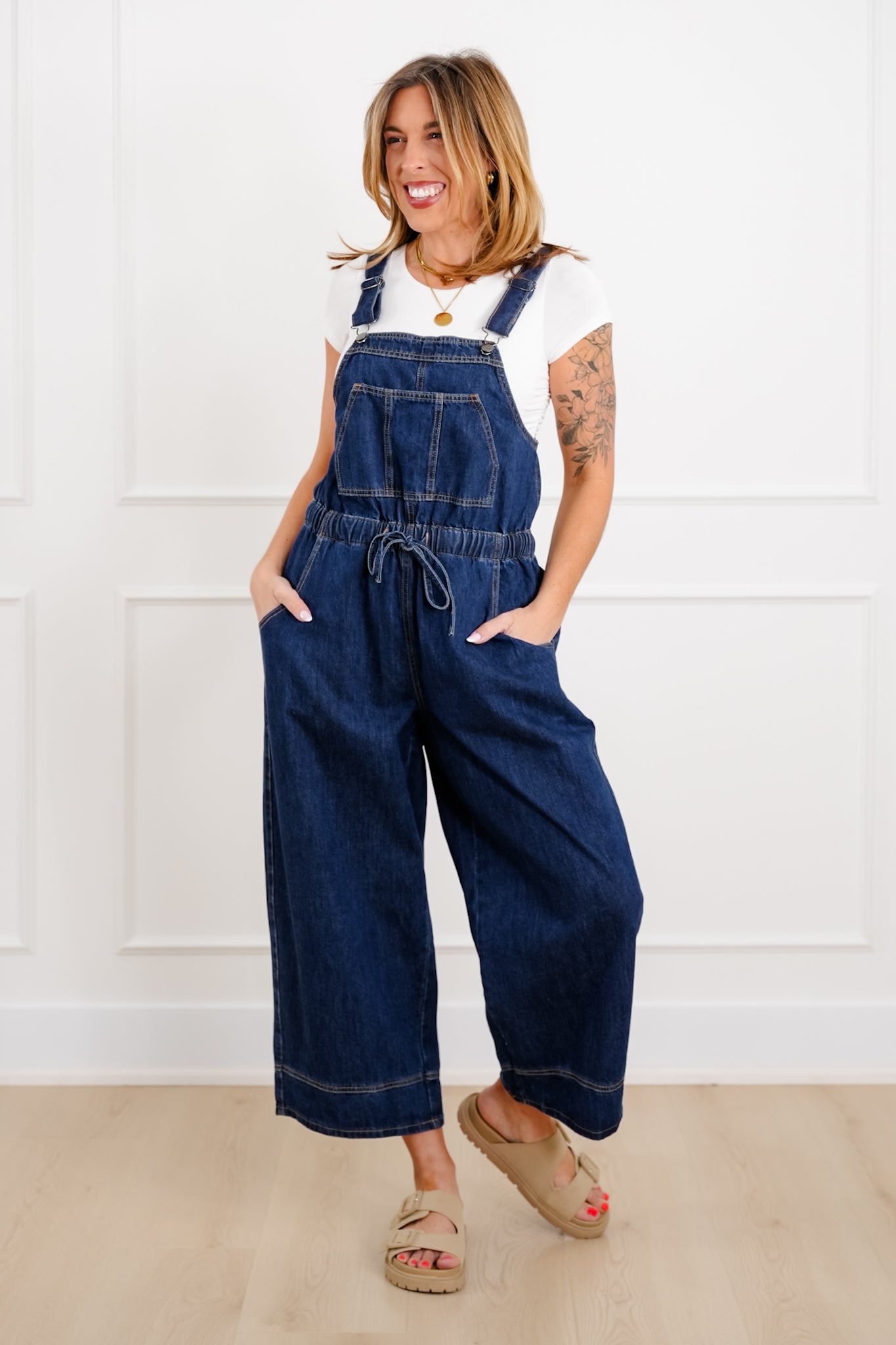 Sleeveless Open Back Overalls with Drawstring