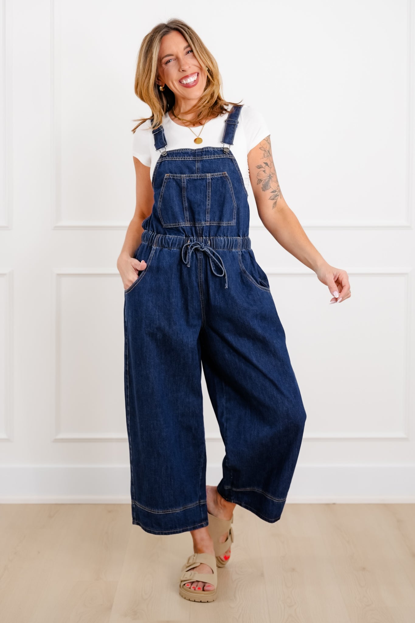 Sleeveless Open Back Overalls with Drawstring